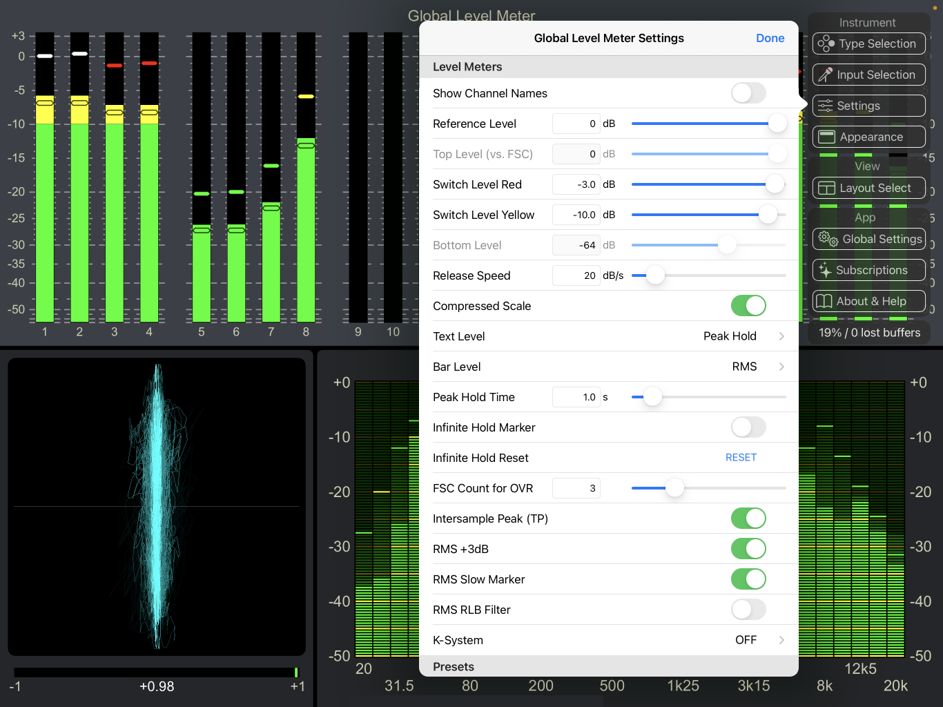 Screenshot of settings list audiomerics analyser